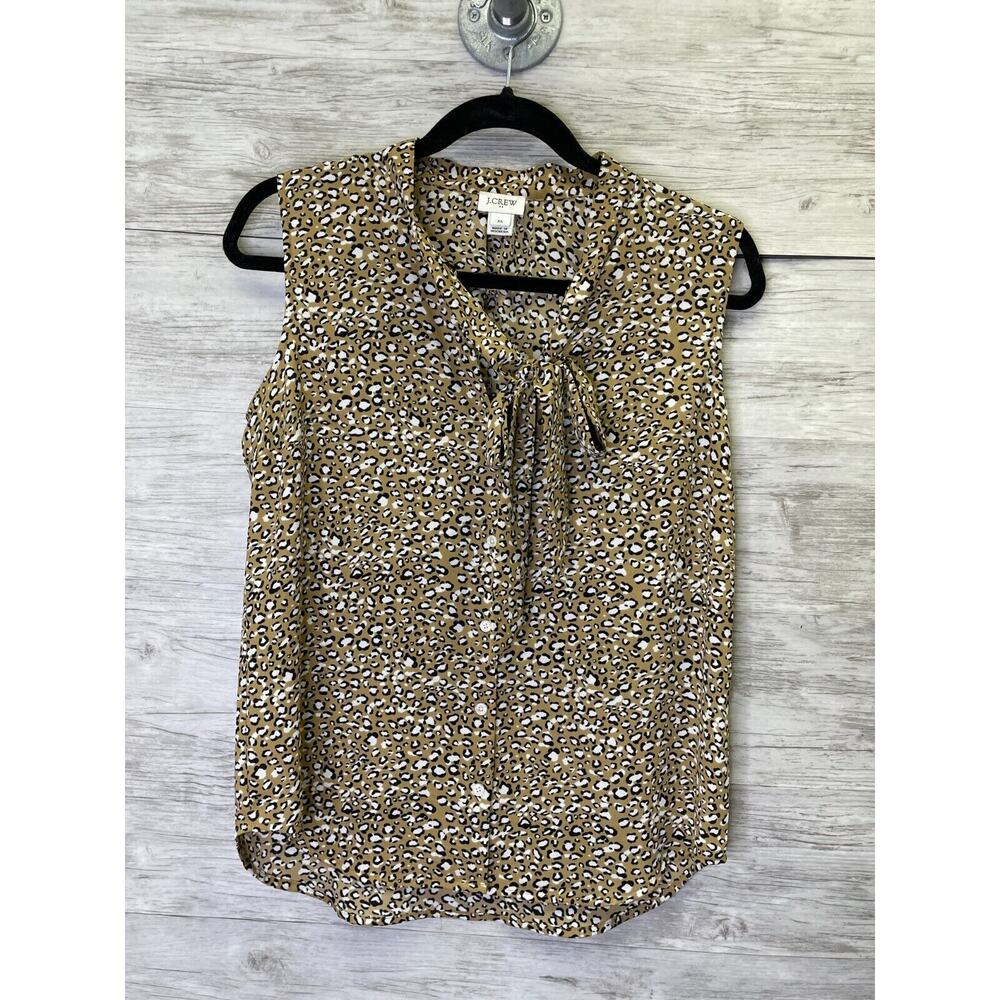 J Crew Tank Womens XS Brown Leopard Print Sleeveless V Neck Tie Lightweight‎
